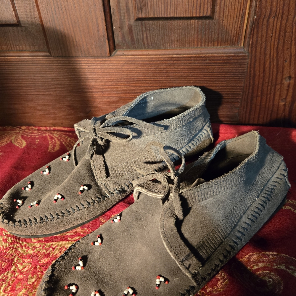 Minnetonka Gray Moccasins with Beaded Detail